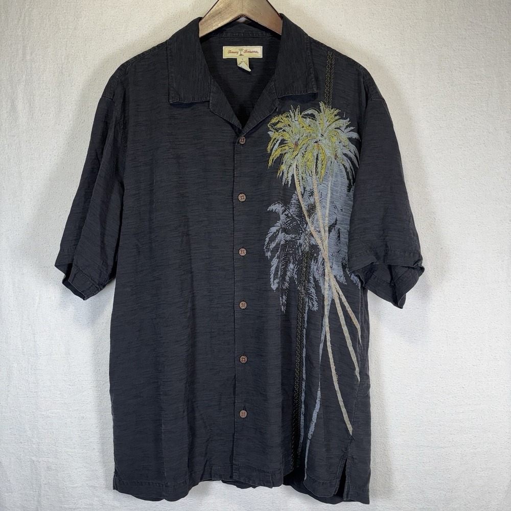 TOMMY BAHAMA Detailed Woven 3-D Palm Tree‎ Size L Mens Hawaiian Shirt Black Camp